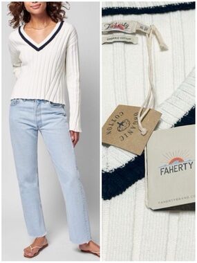 NWT Faherty Organic Cotton / Cashmere Game Set Cricket Sweater Optic White Navy